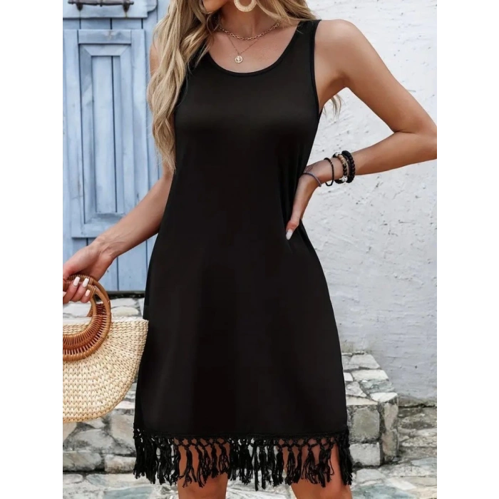 MDB Kadın Askılı Yuvarlak Yaka Püsküllü Midi Viskon Elbise