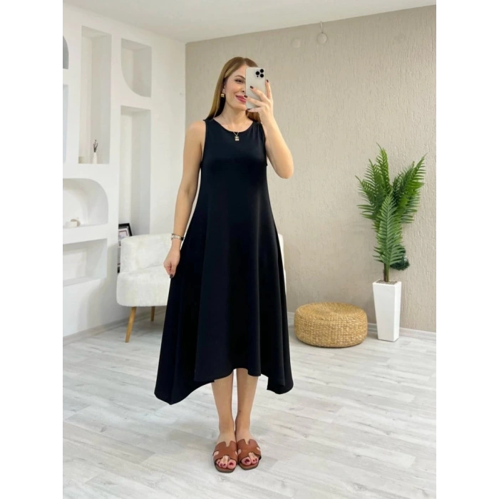 MDB Kadın Askılı Yuvarlak Yakalı Asimetrik Kesim Detaylı Viskon Elbise