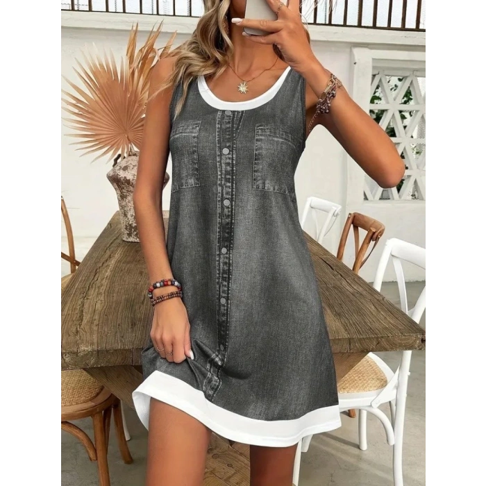 MDB Kadın Askılı Yuvarlak Yakalı Kot Görünümlü Kısa Süprem Elbise