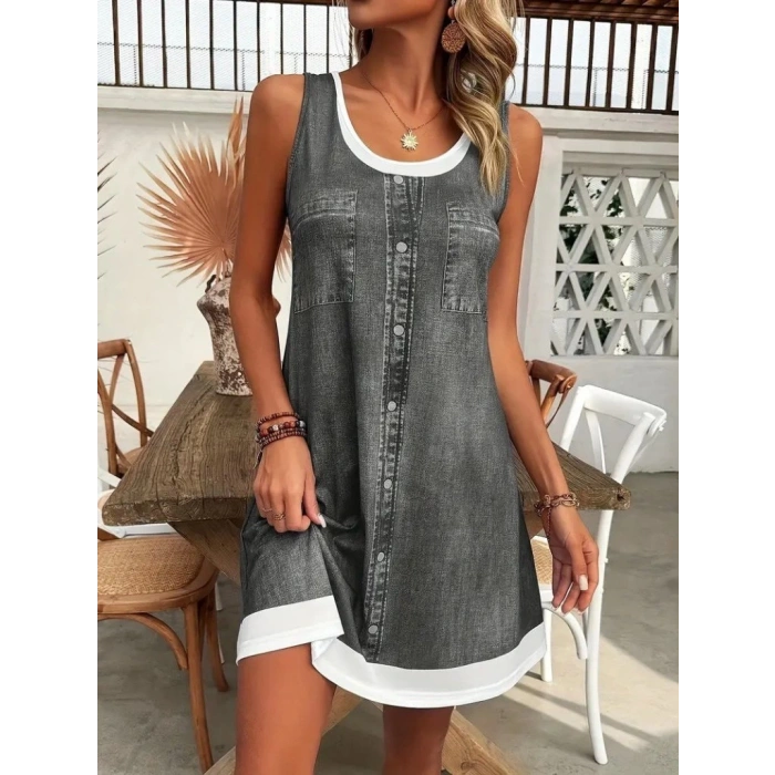 MDB Kadın Askılı Yuvarlak Yakalı Kot Görünümlü Kısa Süprem Elbise