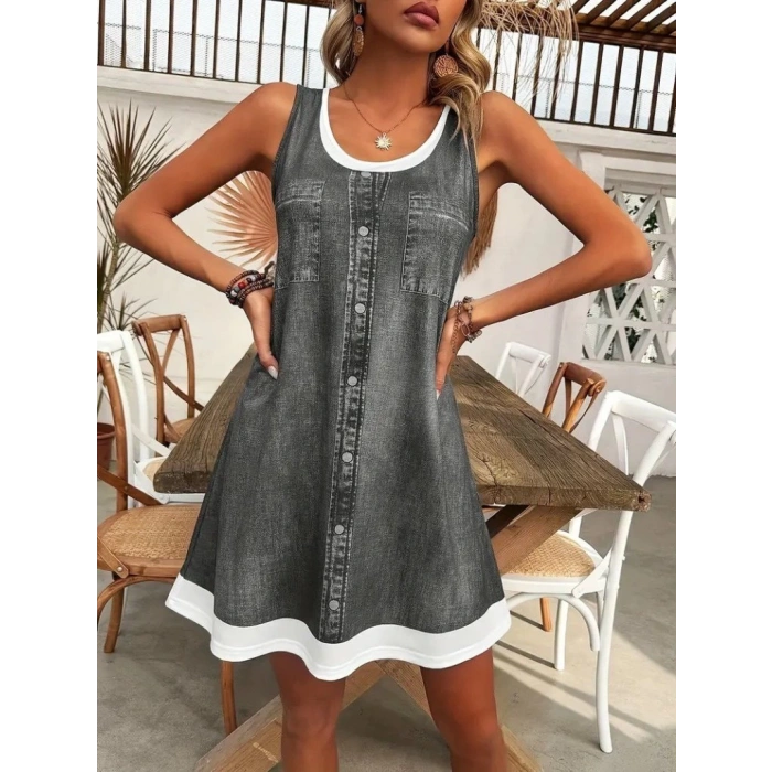 MDB Kadın Askılı Yuvarlak Yakalı Kot Görünümlü Kısa Süprem Elbise