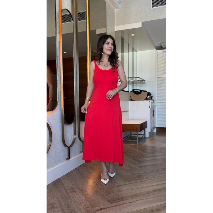 MDB Kadın Askılı Yuvarlak Yakalı Viskon Elbise