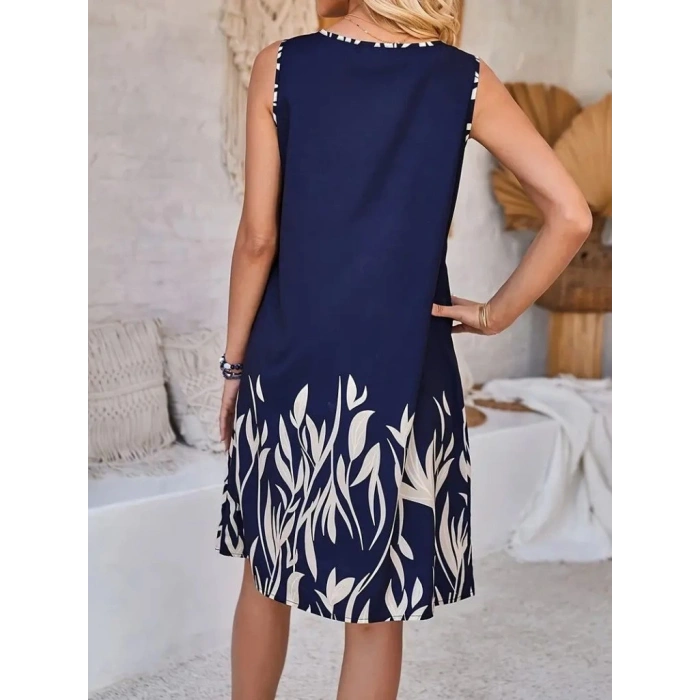 MDB Kadın Askılı Yuvarlak Yakalı Yaprak Desenli Dalgıç Elbise
