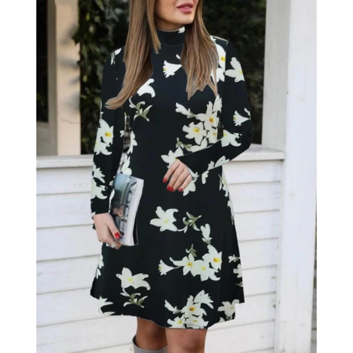 MDB Kadın Balıkçı Yaka Uzun Kollu çiçek Desenli Krep Elbise