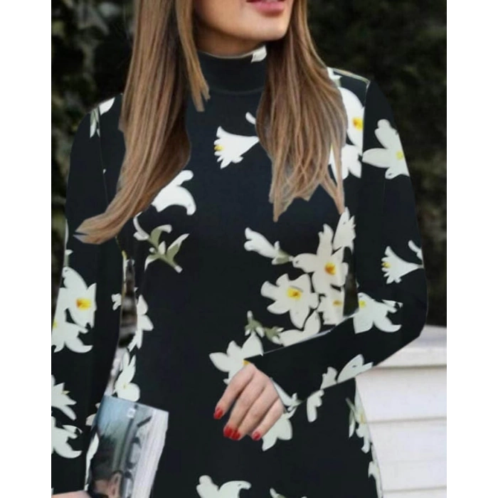 MDB Kadın Balıkçı Yaka Uzun Kollu çiçek Desenli Krep Elbise