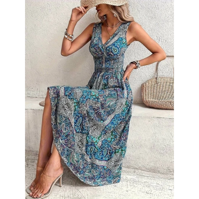 MDB Kadın Beli Gipeli Etnik Desen Sıfır Kol Süprem Elbise