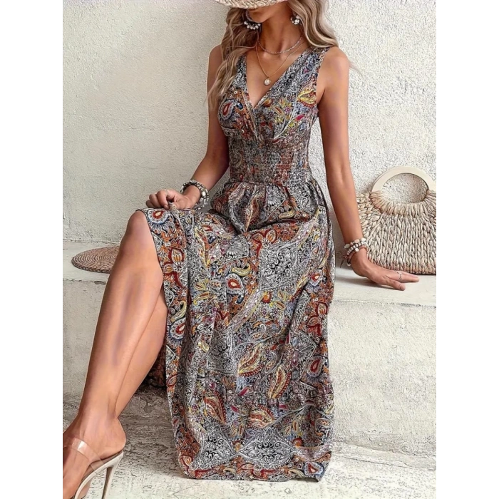 MDB Kadın Beli Gipeli Etnik Desen Sıfır Kol Süprem Elbise