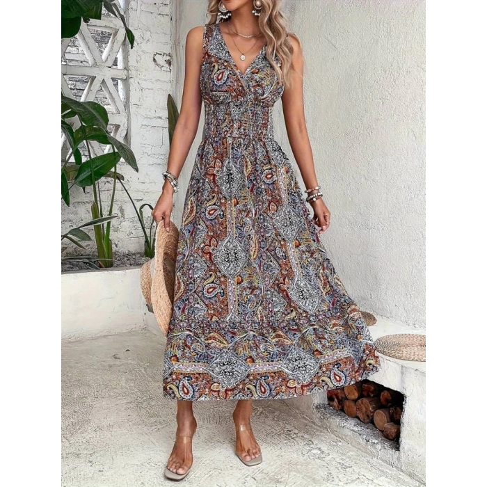 MDB Kadın Beli Gipeli Etnik Desen Sıfır Kol Süprem Elbise