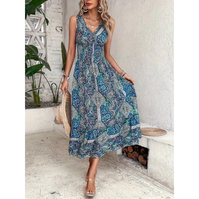 MDB Kadın Beli Gipeli Etnik Desen Sıfır Kol Süprem Elbise