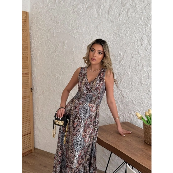 MDB Kadın Beli Gipeli Etnik Desen Sıfır Kol Süprem Elbise
