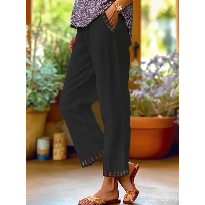 MDB Kadın Beli Lastikli Bağcıklı Cep Ve Pantolon Ucu Güpür Detaylı Pantolon