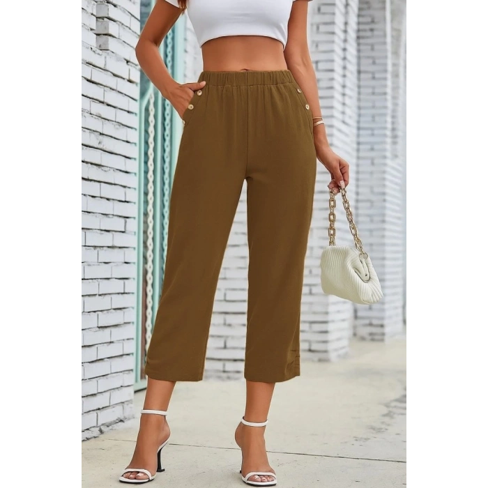 MDB Kadın Beli Lastikli Düğme Ve Cep Detaylı Kapri Ithal Keten Pantolon