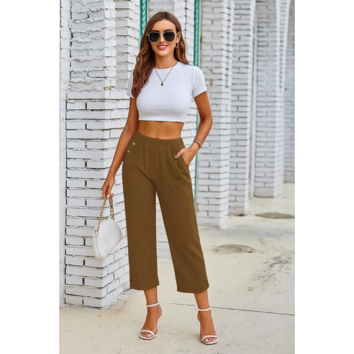 MDB Kadın Beli Lastikli Düğme Ve Cep Detaylı Kapri Ithal Keten Pantolon