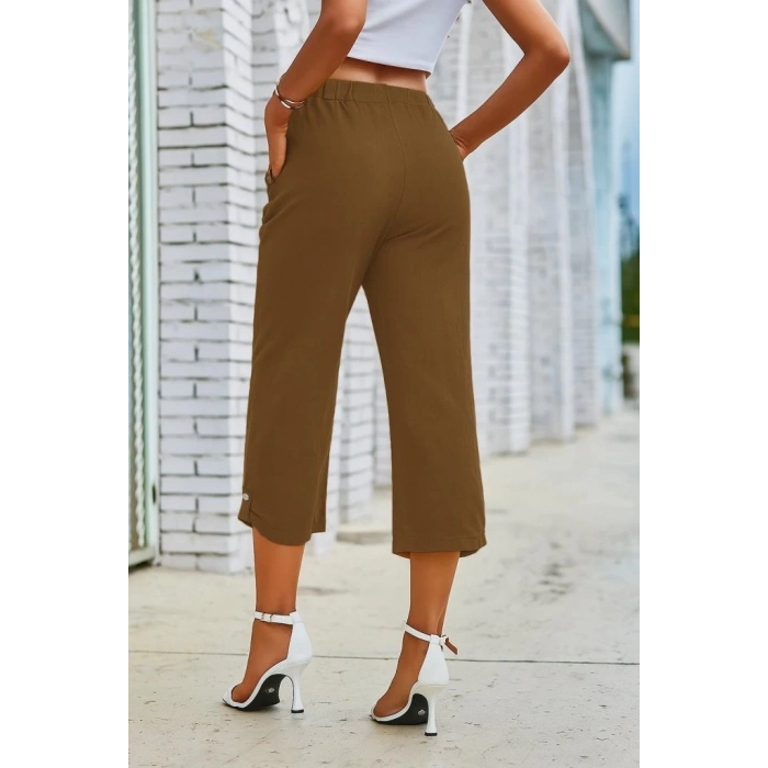 MDB Kadın Beli Lastikli Düğme Ve Cep Detaylı Kapri Ithal Keten Pantolon