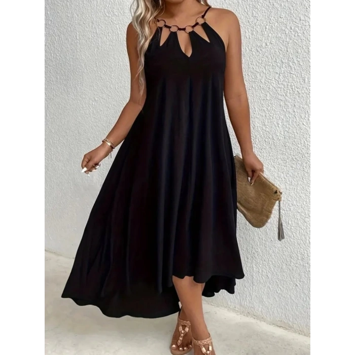 MDB Kadın Boyundan Askılı Damla Detaylı Halkalı Asimetrik Kesim Viskon Elbise