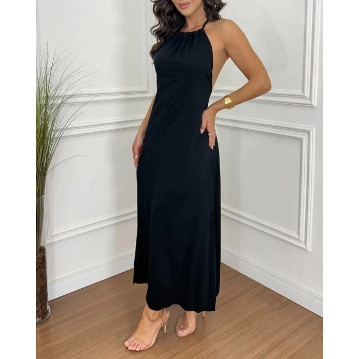 MDB Kadın Boyundan Askılı Halter Kollu Viskon Elbise