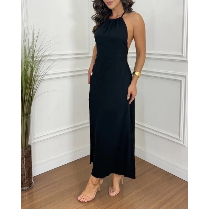 MDB Kadın Boyundan Askılı Halter Kollu Viskon Elbise