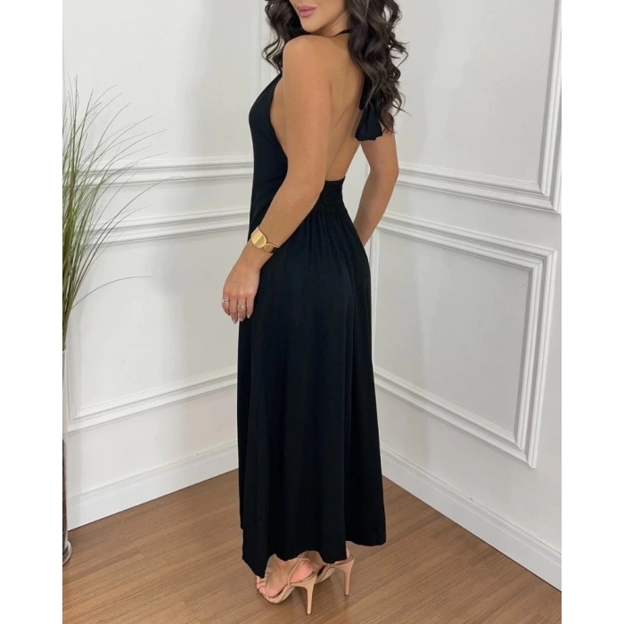 MDB Kadın Boyundan Askılı Halter Kollu Viskon Elbise