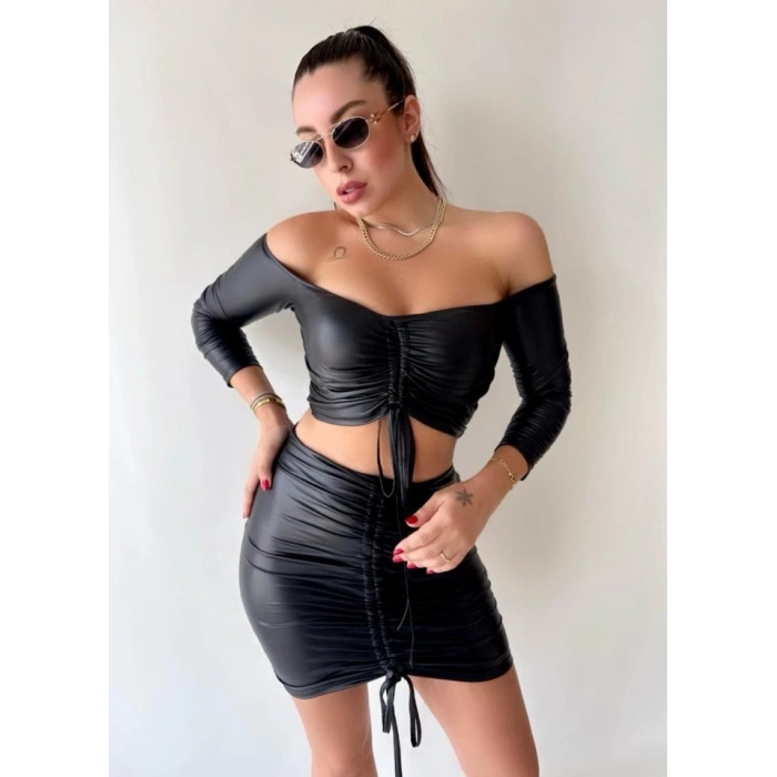 MDB Kadın Büzgülü Deri Etek Takım Fırsat Ürün