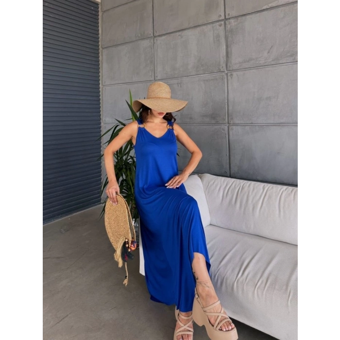 MDB Kadın çan Dokuma Kumaş V Yaka Asimetrik Kesim Elbise