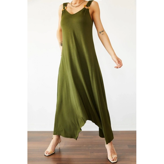 MDB Kadın çan Dokuma Kumaş V Yaka Asimetrik Kesim Elbise