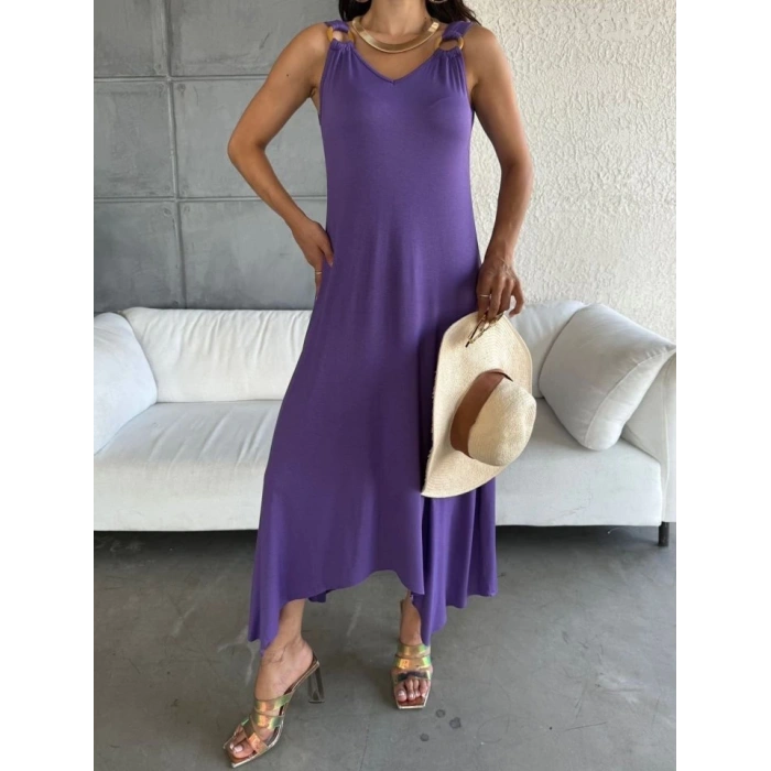 MDB Kadın çan Dokuma Kumaş V Yaka Asimetrik Kesim Elbise