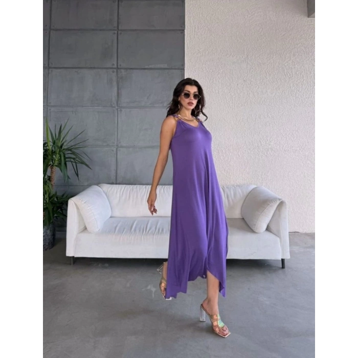 MDB Kadın çan Dokuma Kumaş V Yaka Asimetrik Kesim Elbise