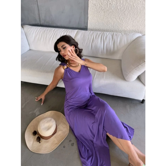 MDB Kadın çan Dokuma Kumaş V Yaka Asimetrik Kesim Elbise