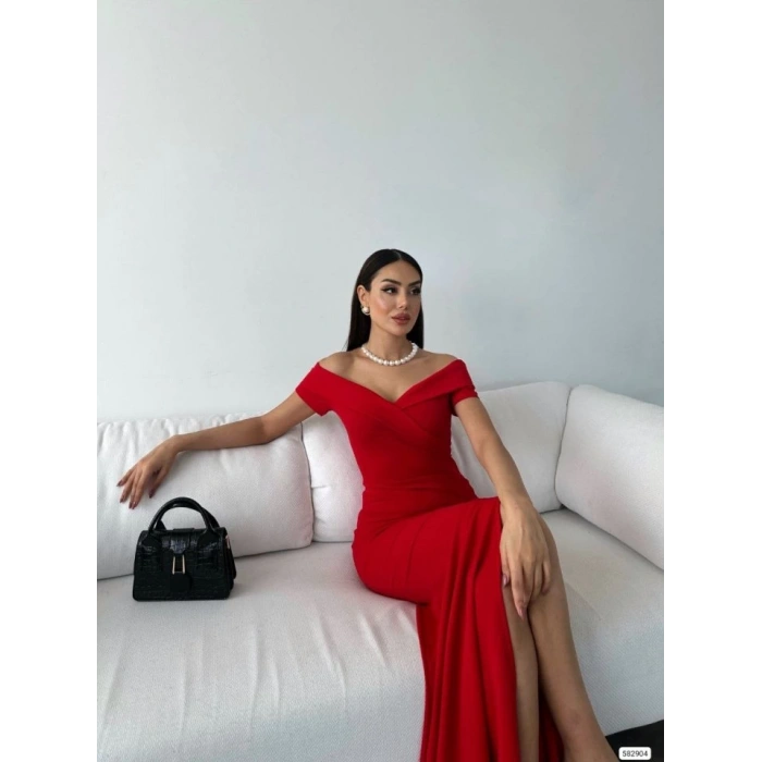 MDB Kadın Dalgıç Kumaş Kayık Yaka Ve Dekolte Detaylı Elbise