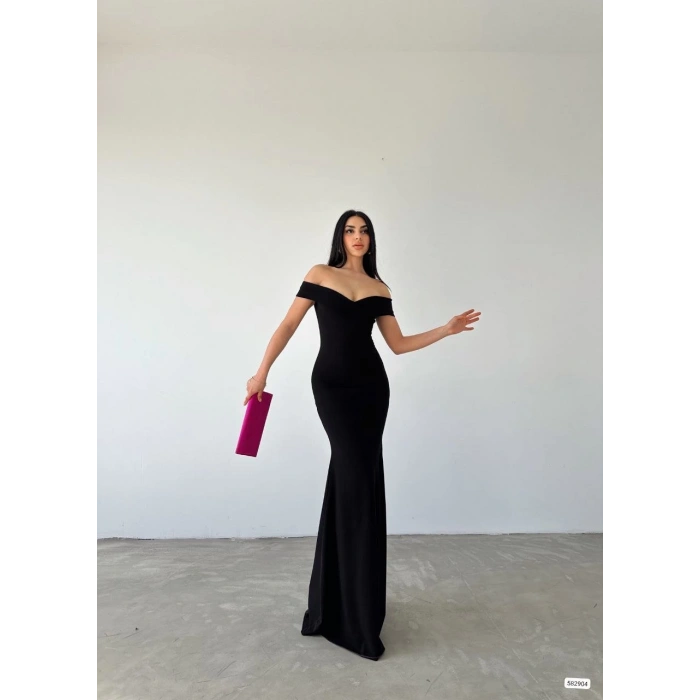 MDB Kadın Dalgıç Kumaş Kayık Yaka Ve Dekolte Detaylı Elbise