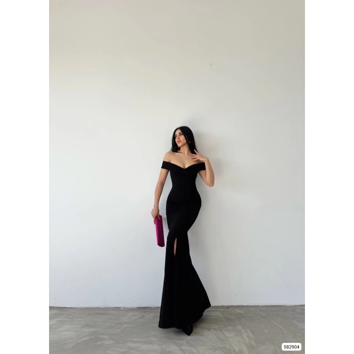 MDB Kadın Dalgıç Kumaş Kayık Yaka Ve Dekolte Detaylı Elbise