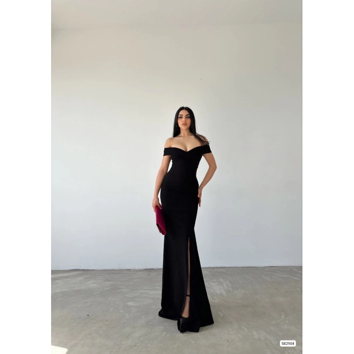 MDB Kadın Dalgıç Kumaş Kayık Yaka Ve Dekolte Detaylı Elbise