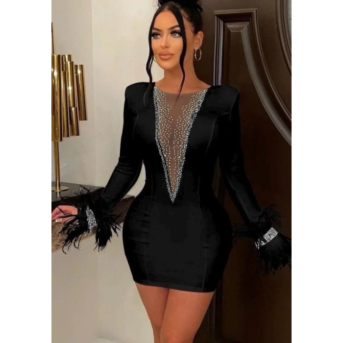 MDB Kadın Dalgıç Kumaş Tül Ve Taş Aksesuarlı Kolları Tüylü ini Boy Elbise