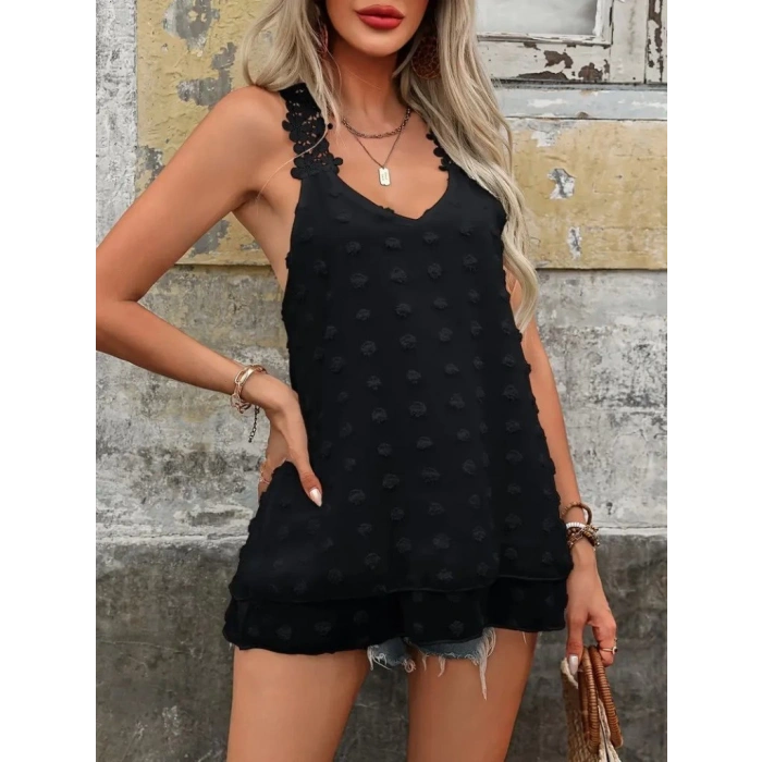 MDB Kadın Dantel Askılı V Yakalı Sırtı çapraz Detaylı Ponpon Bluz