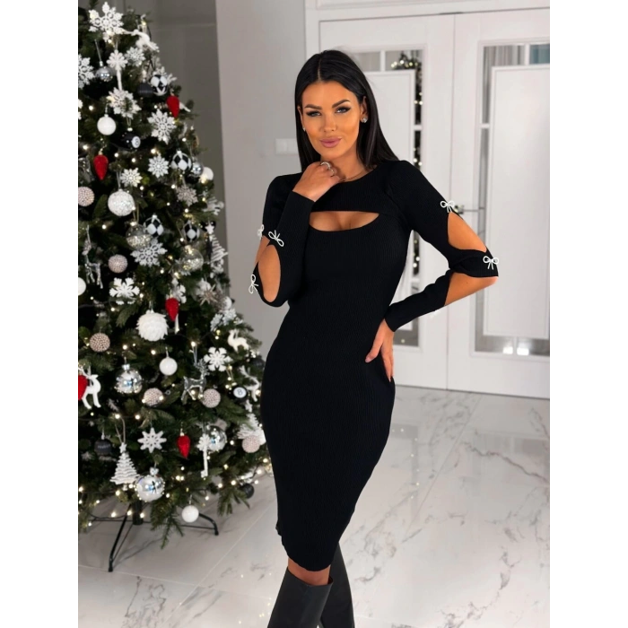 MDB Kadın Dekolte Detaylı cuba Dalgıç Kumaş Taş Aksesuarli Elbise