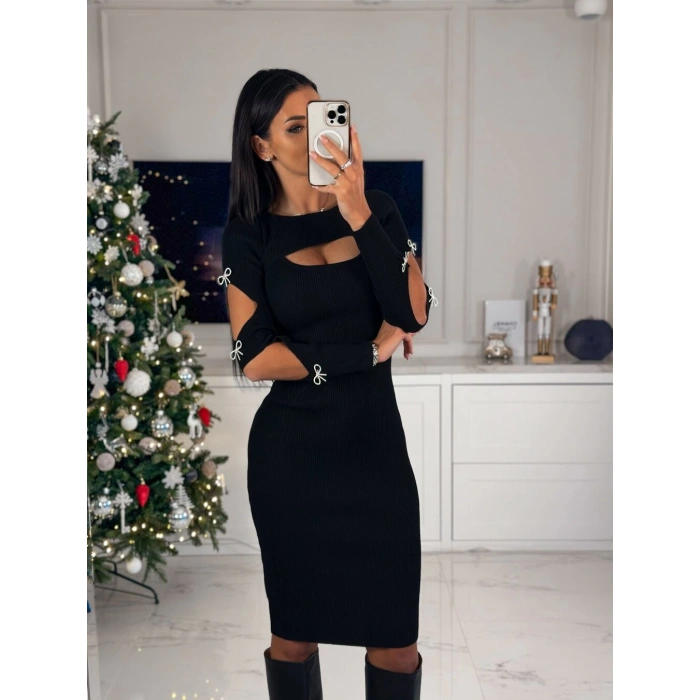 MDB Kadın Dekolte Detaylı cuba Dalgıç Kumaş Taş Aksesuarli Elbise