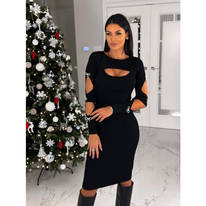 MDB Kadın Dekolte Detaylı cuba Dalgıç Kumaş Taş Aksesuarli Elbise