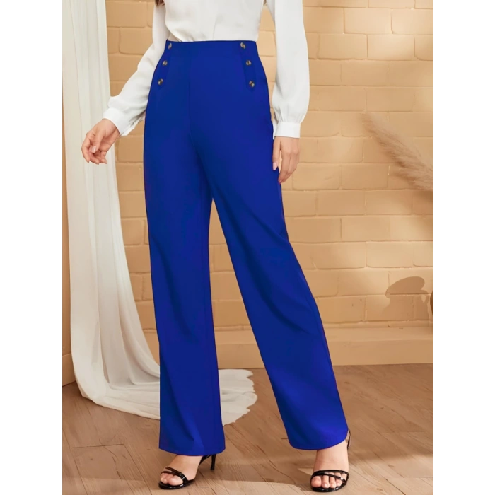 MDB Kadın Düğme Detay Bol Paça Ithal Krep Pantolon