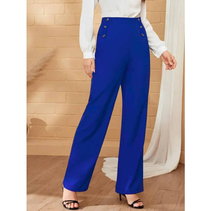 MDB Kadın Düğme Detay Bol Paça Ithal Krep Pantolon