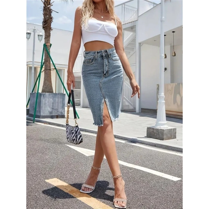 MDB Kadın Elastik Bel Yırtık Kenar Detaylı Kot Etek