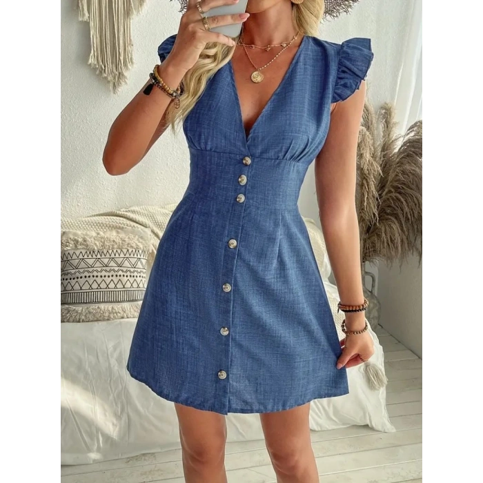 MDB Kadın Fırfır Kollu V Yakalı Düğmeli Keten Elbise