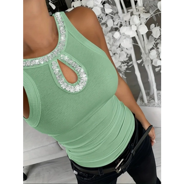 MDB Kadın Halter Kollu Yuvarlak Taşlı Yaka Damla Detaylı Kaşkorse Bluz