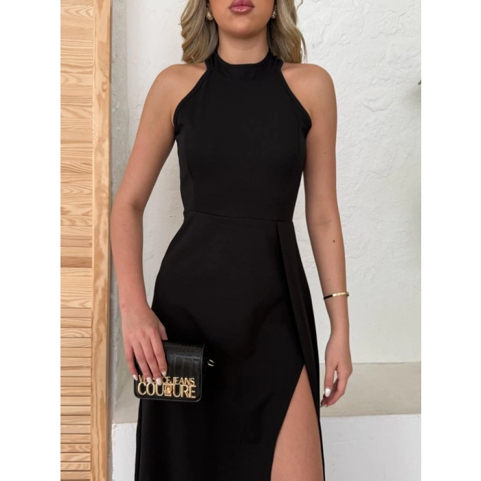 MDB Kadın Halter Yaka Derin Yırtmaç Detaylı Tam Boy Ithal Krep Abiye Elbise