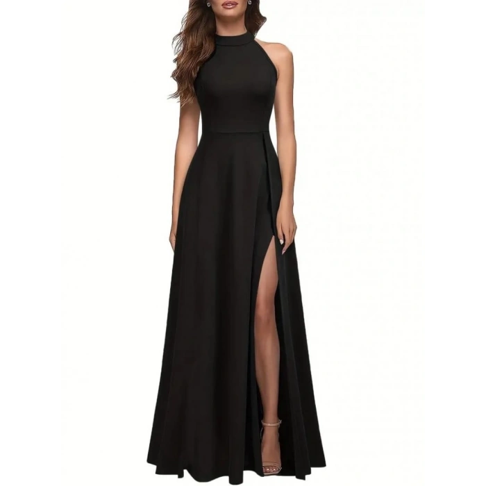 MDB Kadın Halter Yaka Derin Yırtmaç Detaylı Tam Boy Ithal Krep Abiye Elbise