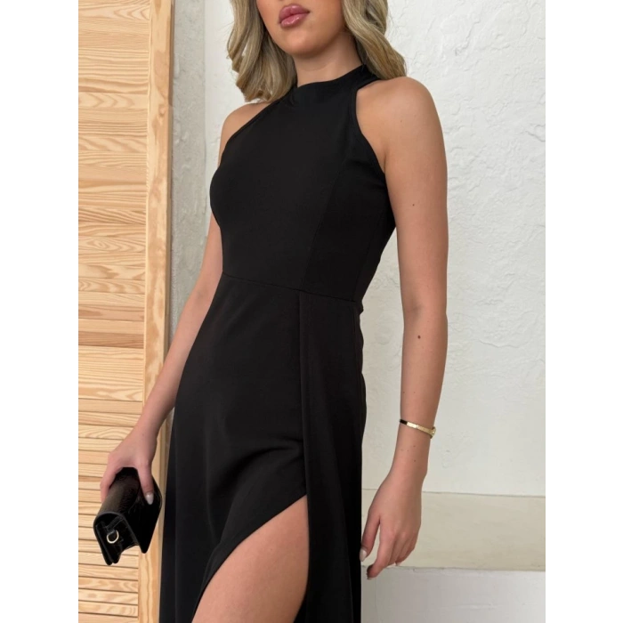 MDB Kadın Halter Yaka Derin Yırtmaç Detaylı Tam Boy Ithal Krep Abiye Elbise