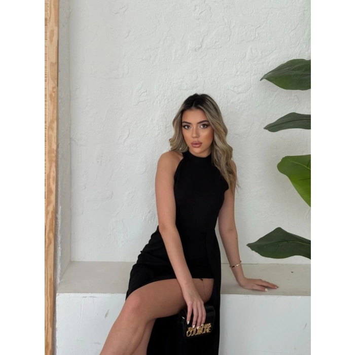 MDB Kadın Halter Yaka Derin Yırtmaç Detaylı Tam Boy Ithal Krep Abiye Elbise