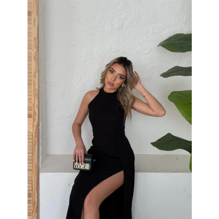 MDB Kadın Halter Yaka Derin Yırtmaç Detaylı Tam Boy Ithal Krep Abiye Elbise