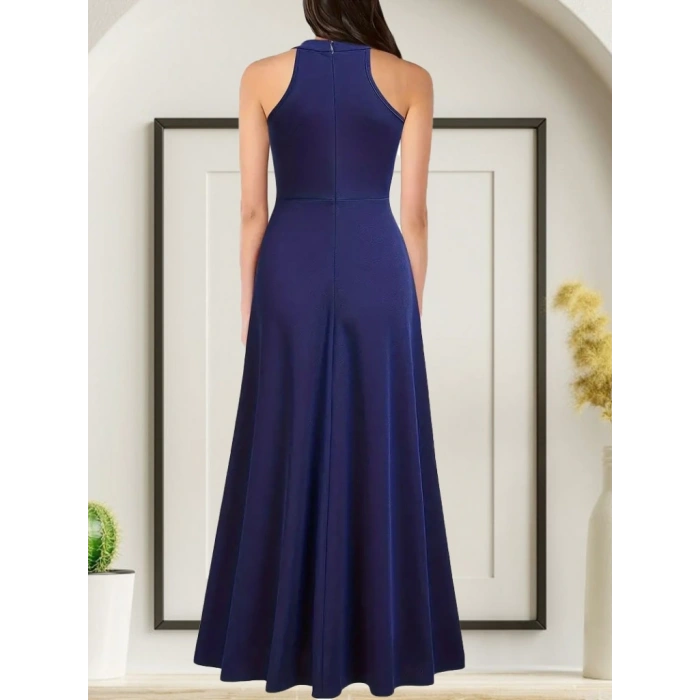 MDB Kadın Halter Yaka Derin Yırtmaç Detaylı Tam Boy Janjan Krep Abiye Elbise