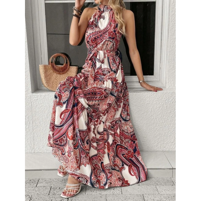 MDB Kadın Halter Yakalı Omuzlardan Açık Kuşaklı Maksi Boy Desenli Süprem Elbise