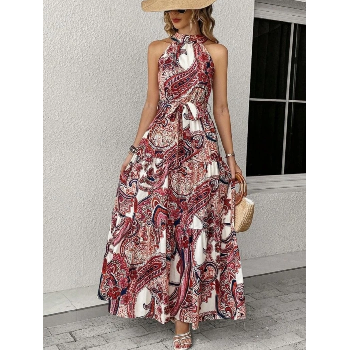 MDB Kadın Halter Yakalı Omuzlardan Açık Kuşaklı Maksi Boy Desenli Süprem Elbise